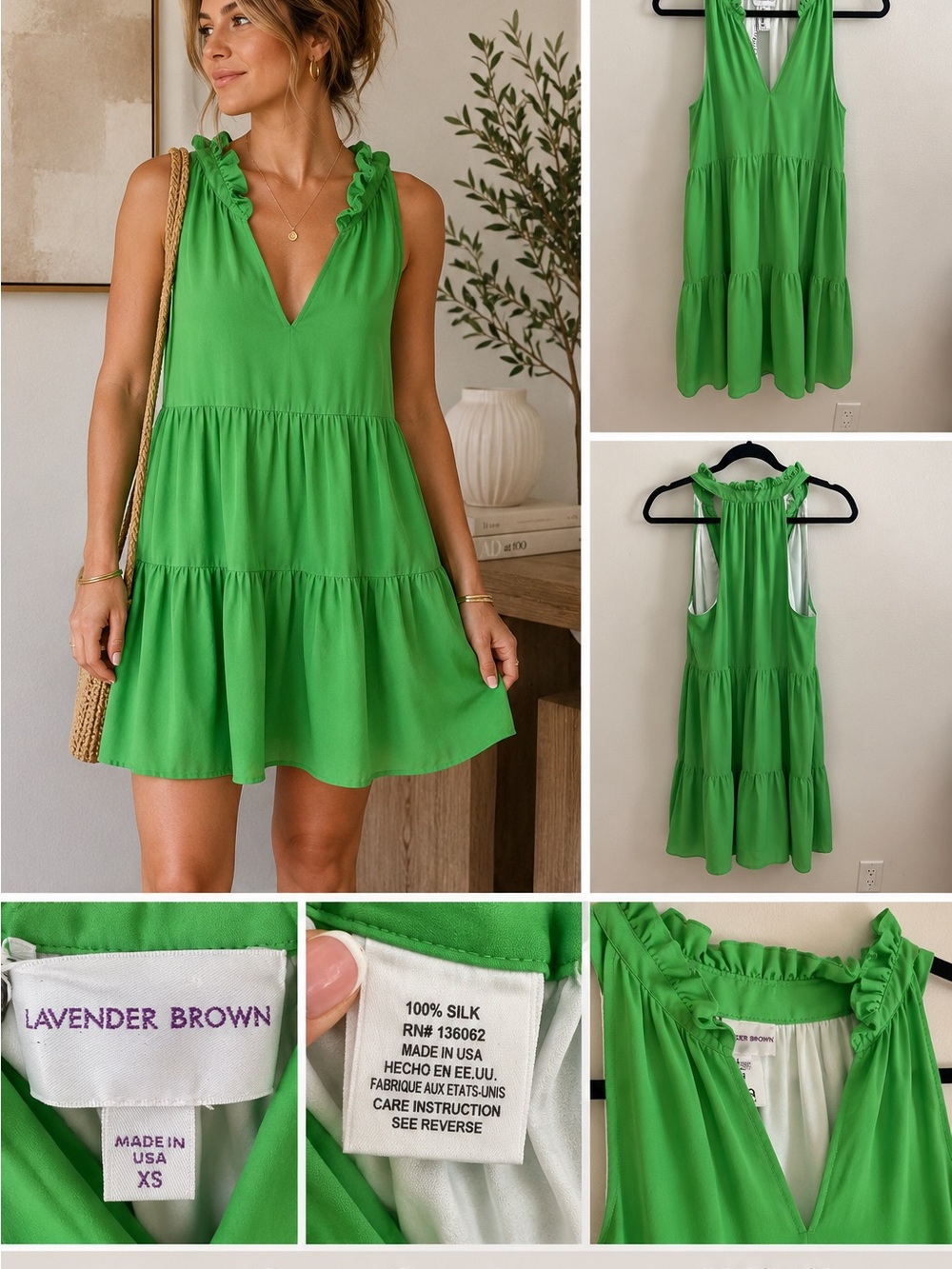 Lavender Brown 100% Silk Green Tiered Mini Dress XS Made in USA 🇺🇸